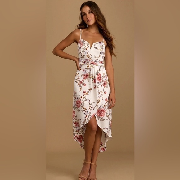 Lulu's White and Pink Floral Midi Dress - Picture 1 of 7